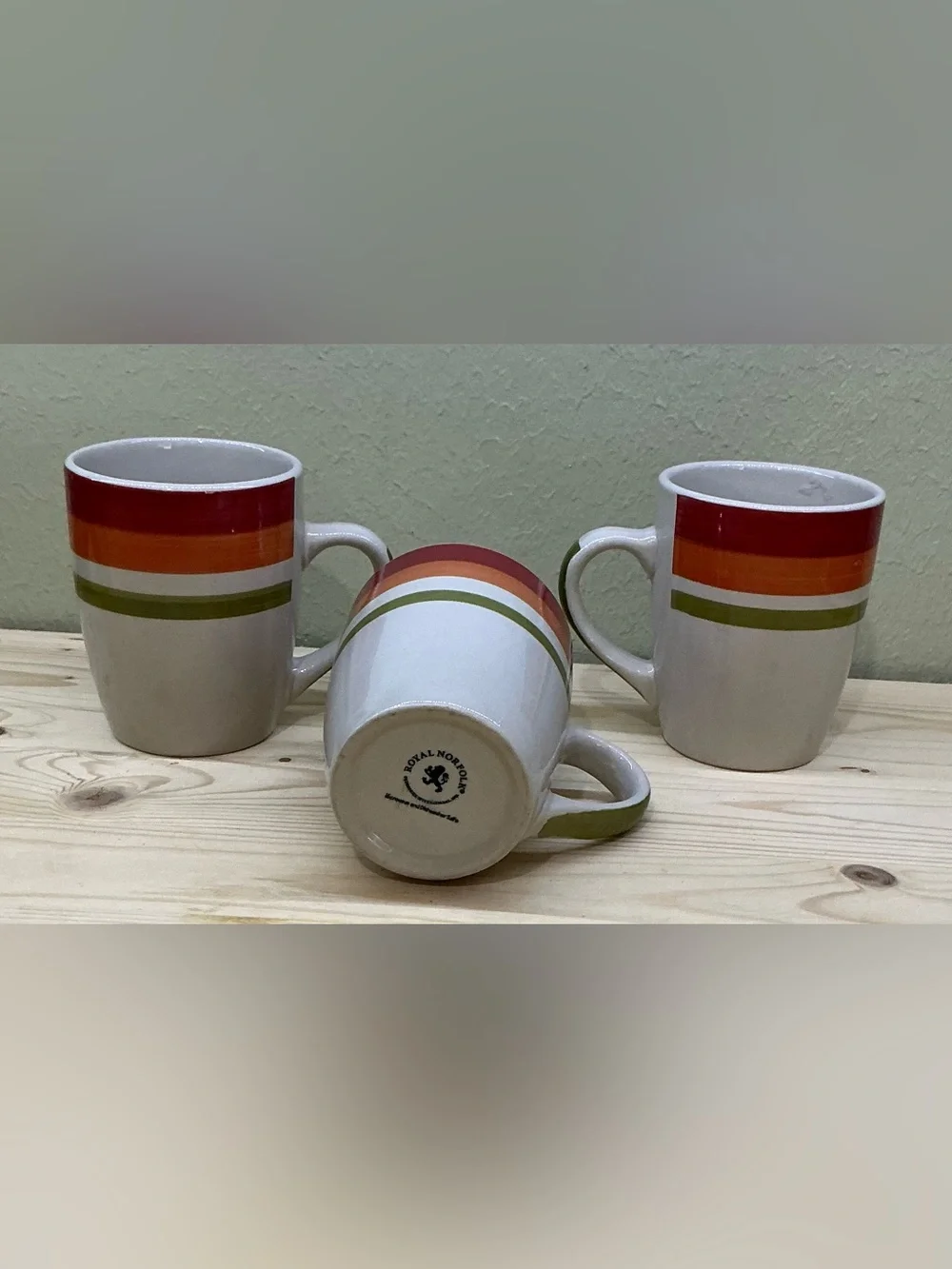 Vtg Royal Norfolk Stoneware Coffee Mugs Set Of 3 Red Orange Green Stripe Retro
